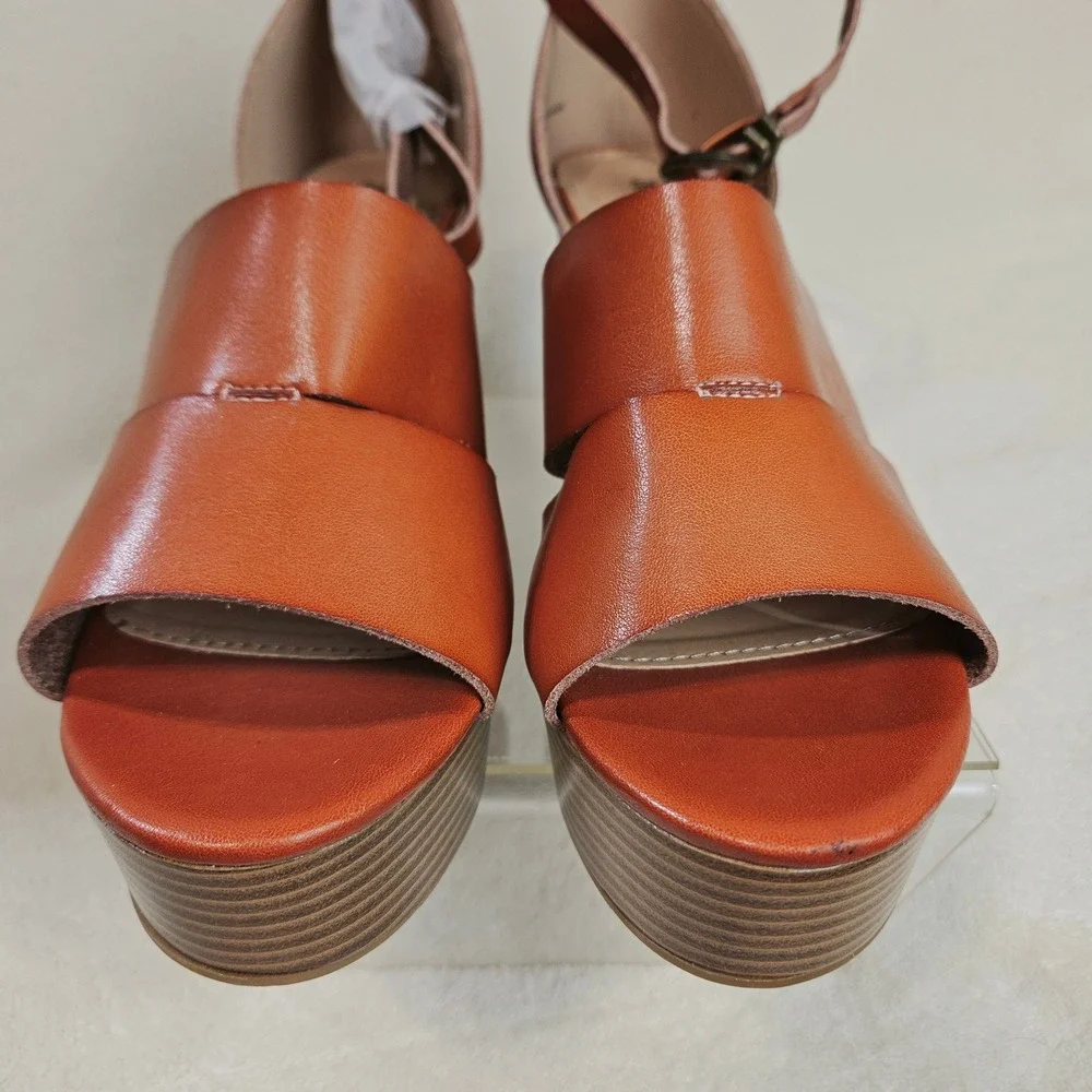 JustFab Cognac Paola Ankle Strap Platform Wedge Sandals 11 Boho Summer Dressy
